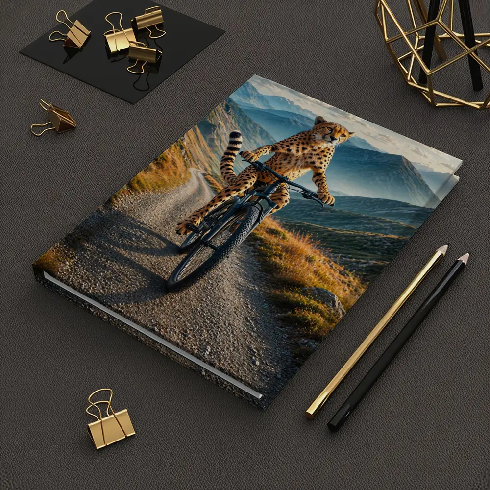 Cheetah Riding Bicycle on Mountain Road – Notebooks