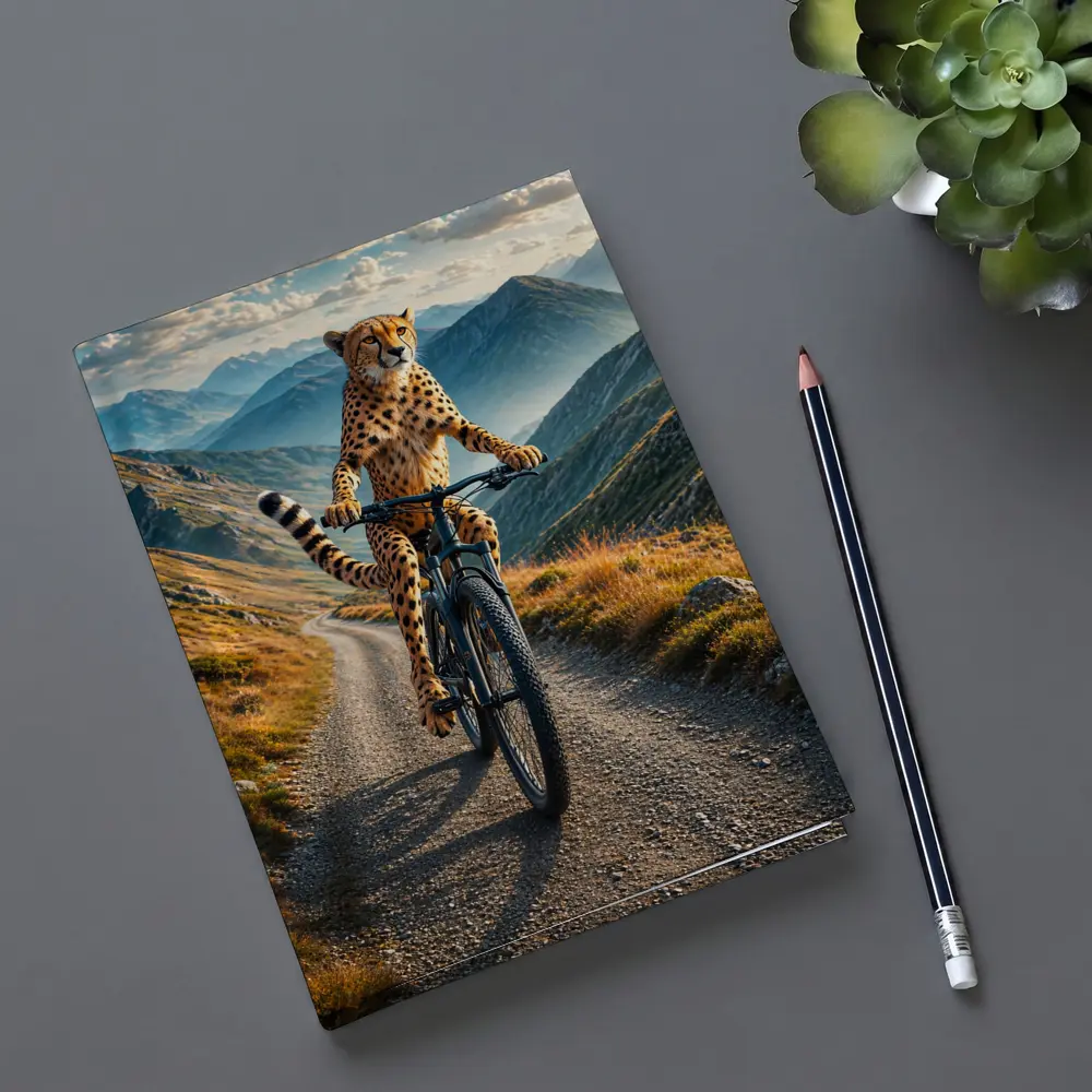 Cheetah Riding Bicycle on Mountain Road – Notebooks