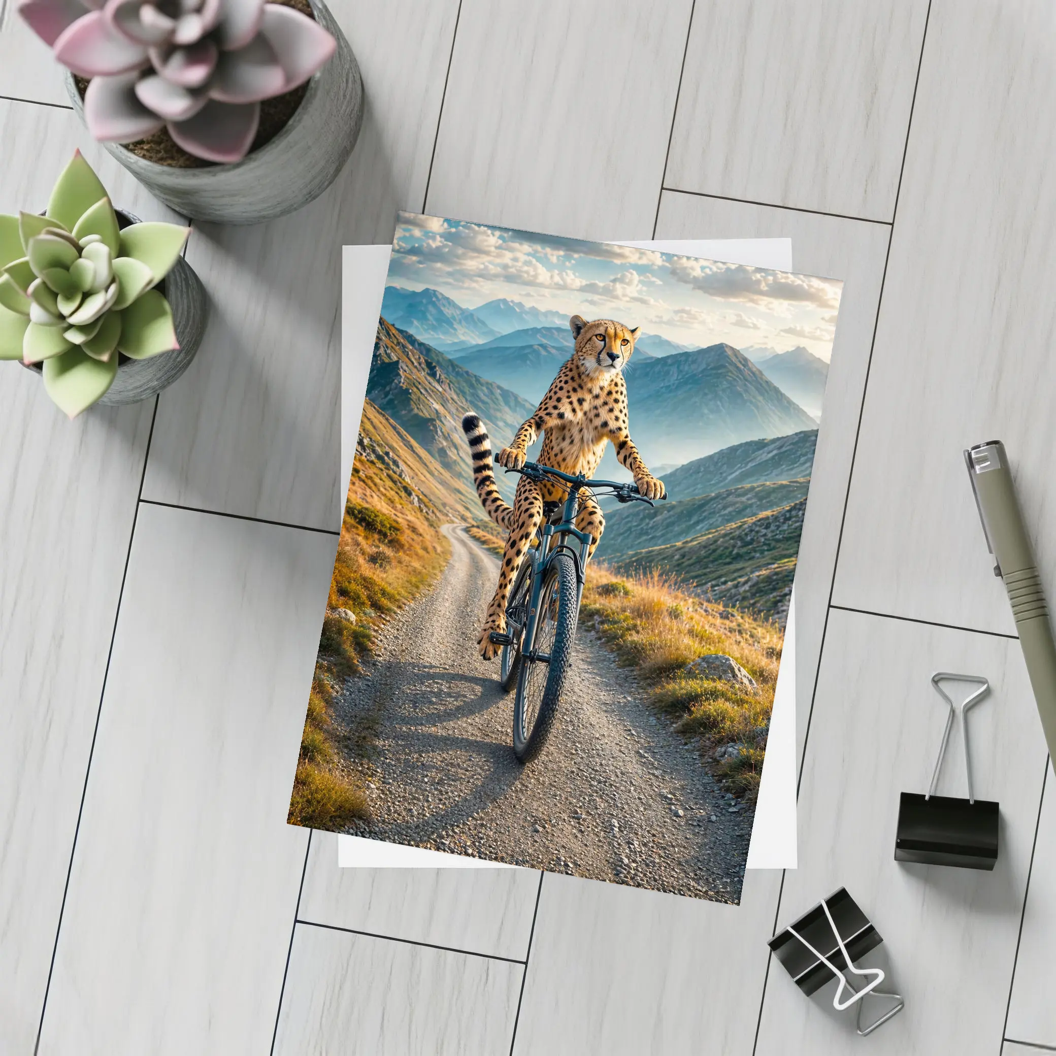 Cheetah Riding Bicycle on Mountain Road – Postcards