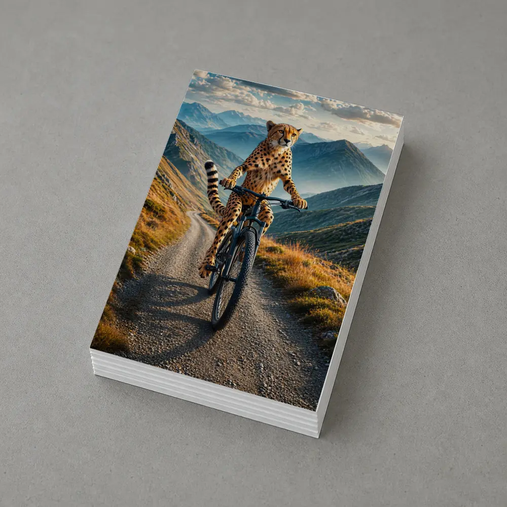 Cheetah Riding Bicycle on Mountain Road – Postcards