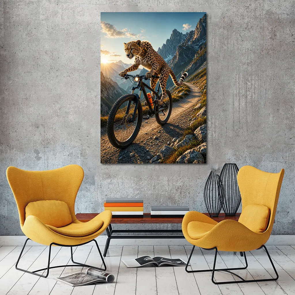 Cheetah Riding Mountain Bike Alpine Trail Sunset – Wall Art