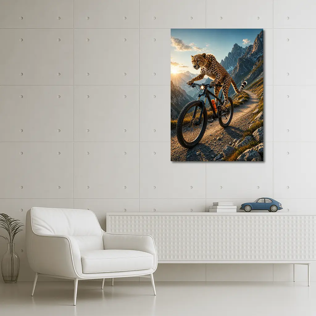 Cheetah Riding Mountain Bike Alpine Trail Sunset – Wall Art