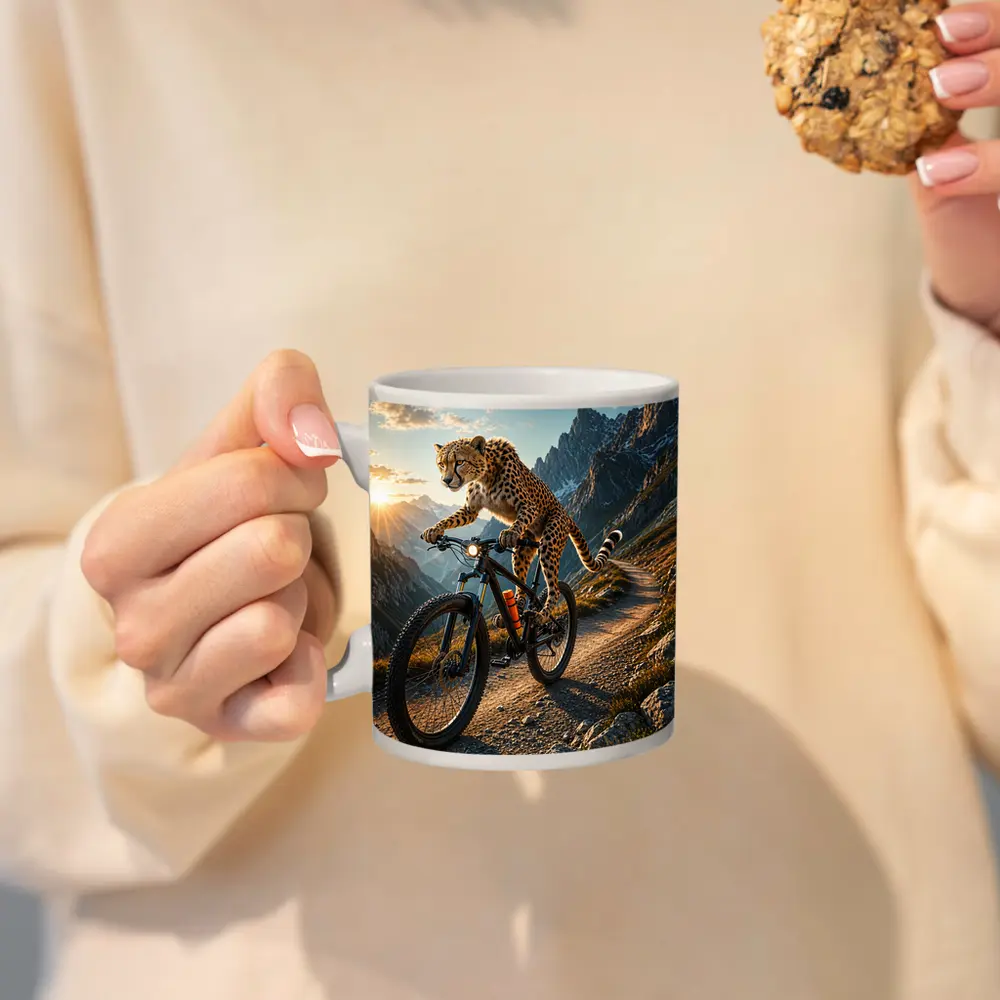 Cheetah Riding Mountain Bike Alpine Trail Sunset – Mugs