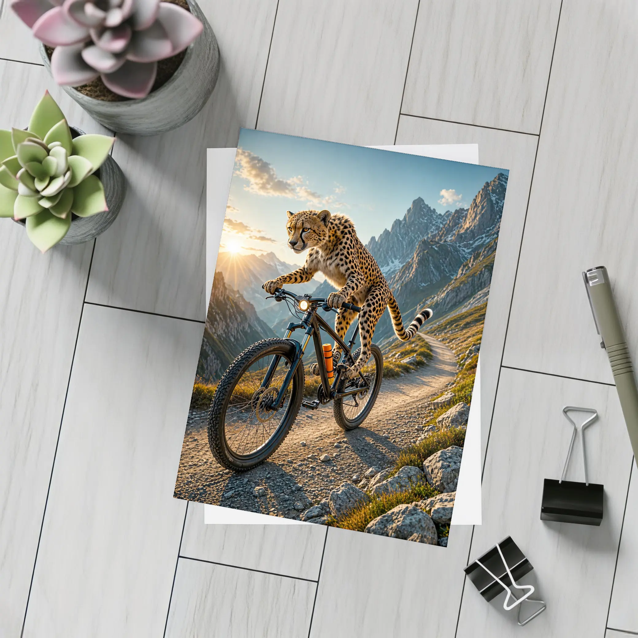 Cheetah Riding Mountain Bike Alpine Trail Sunset – Postcards