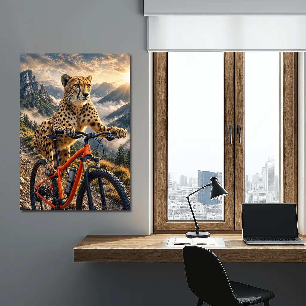 Cheetah Riding Mountain Bike Sunset Peaks – Wall Art