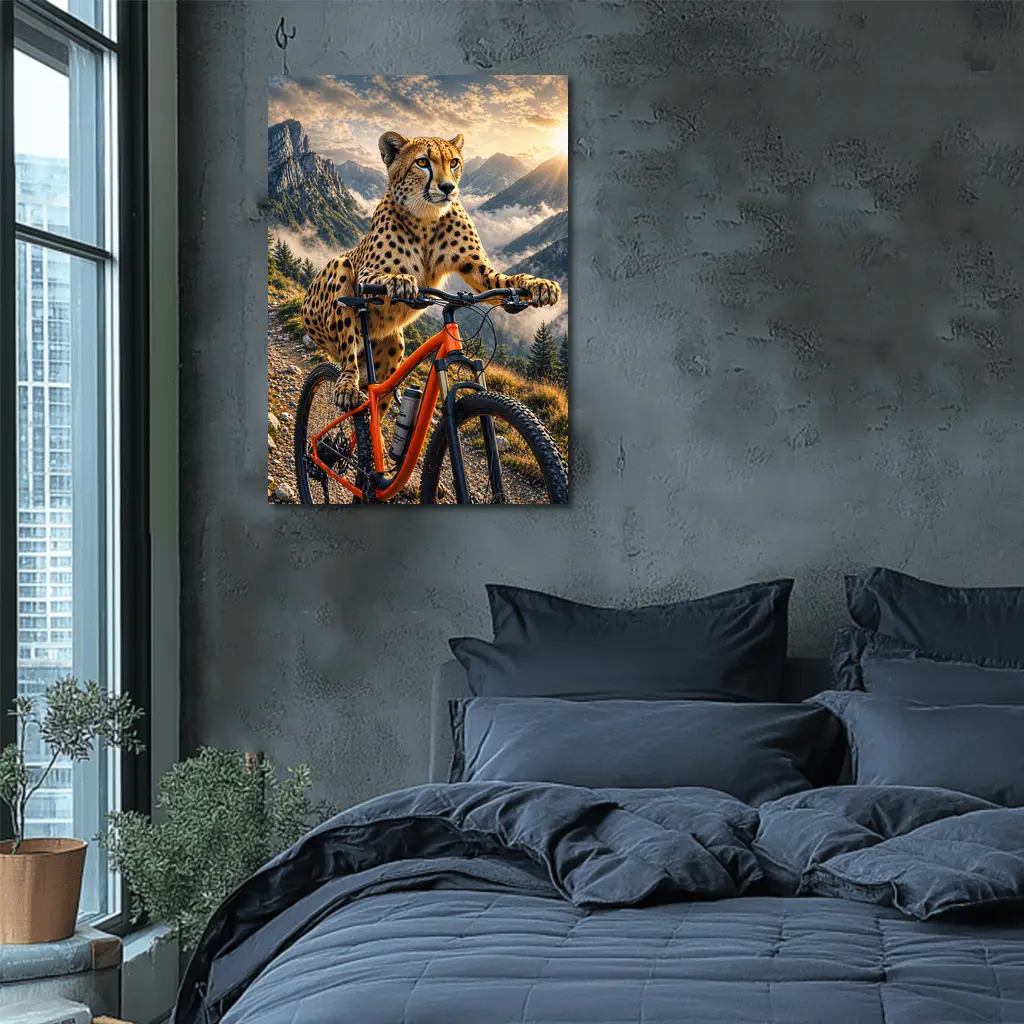 Cheetah Riding Mountain Bike Sunset Peaks – Wall Art