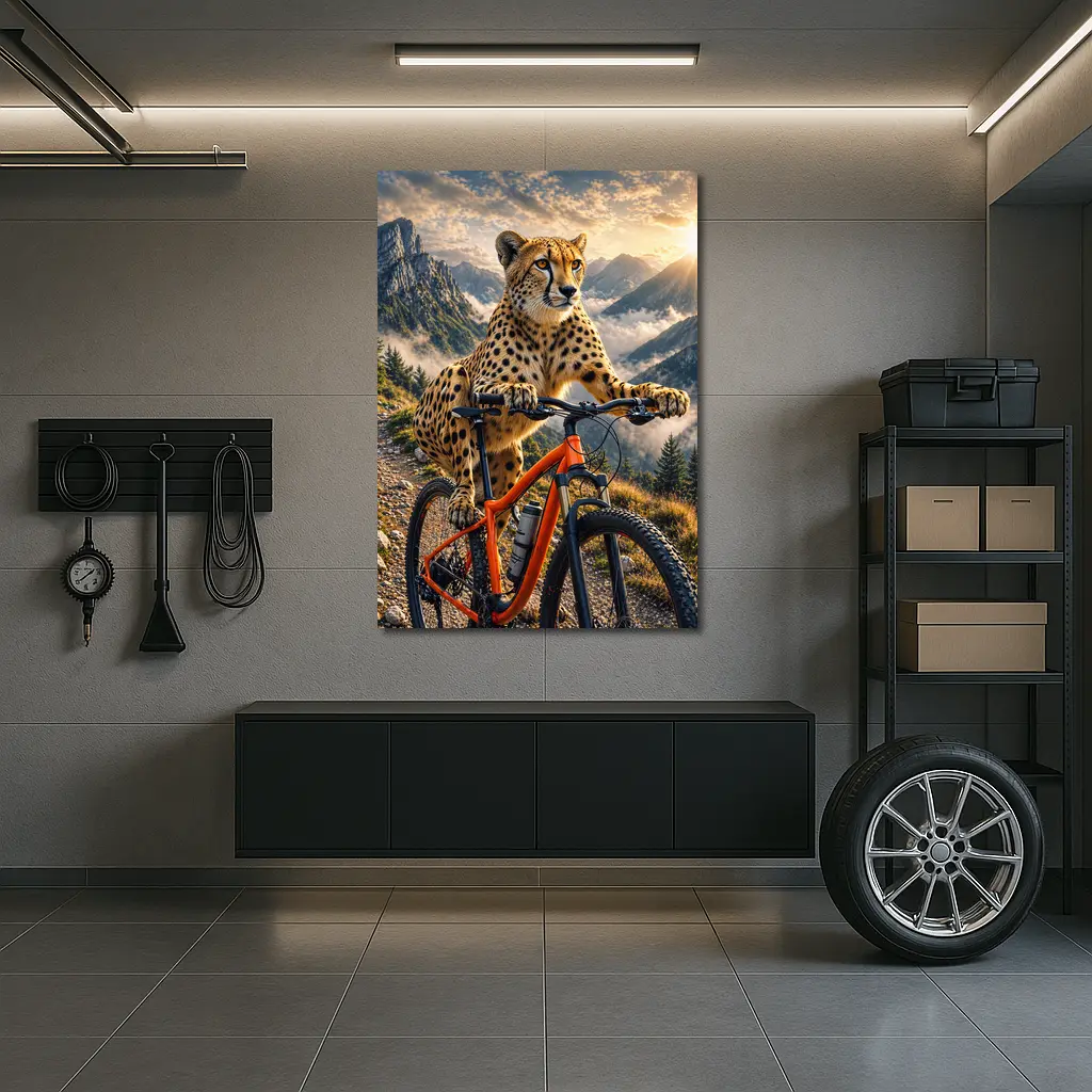 Cheetah Riding Mountain Bike Sunset Peaks – Wall Art