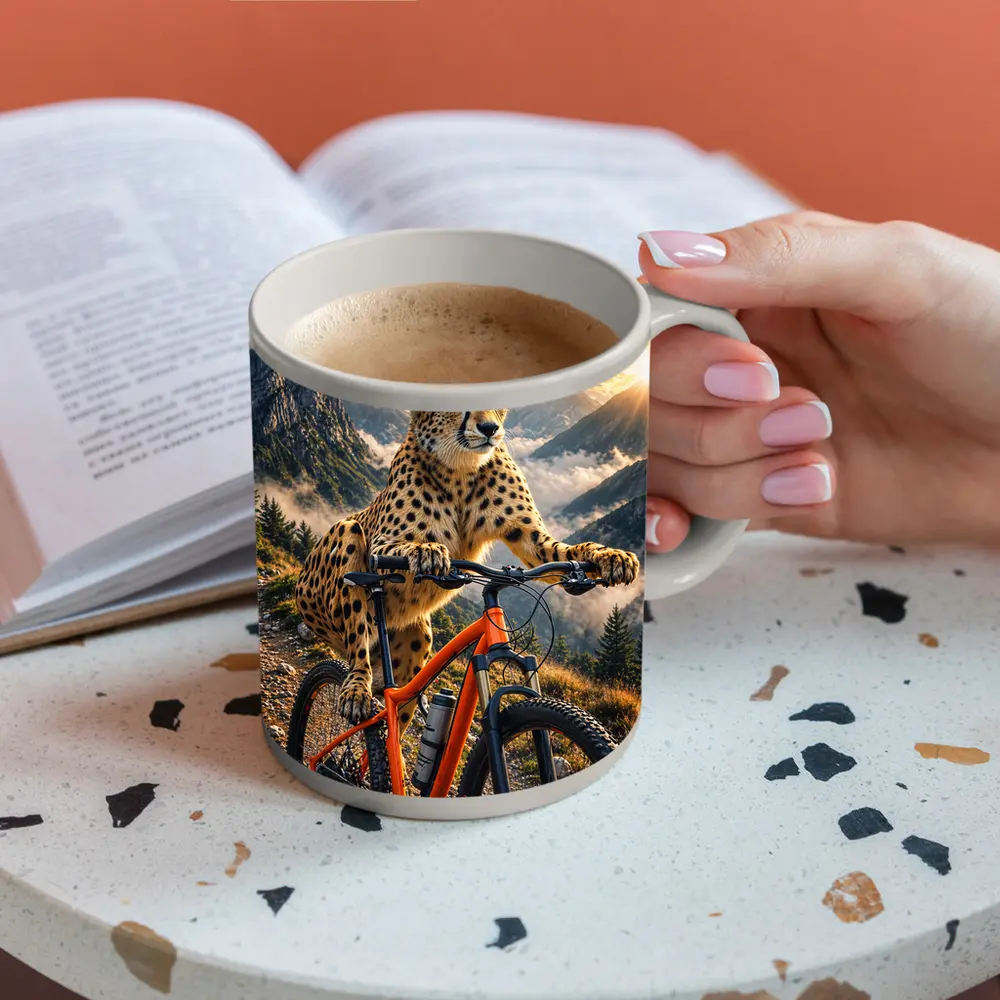 Cheetah Riding Mountain Bike Sunset Peaks – Mugs