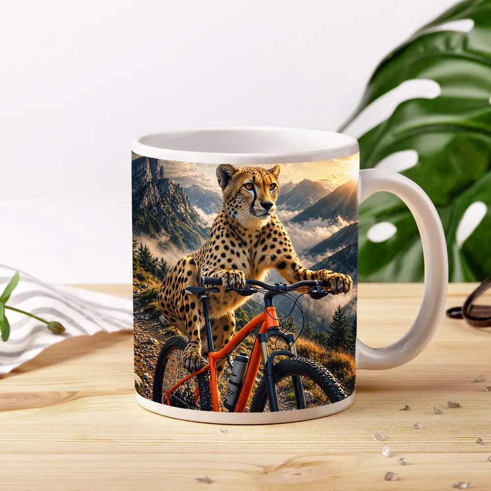 Cheetah Riding Mountain Bike Sunset Peaks – Mugs