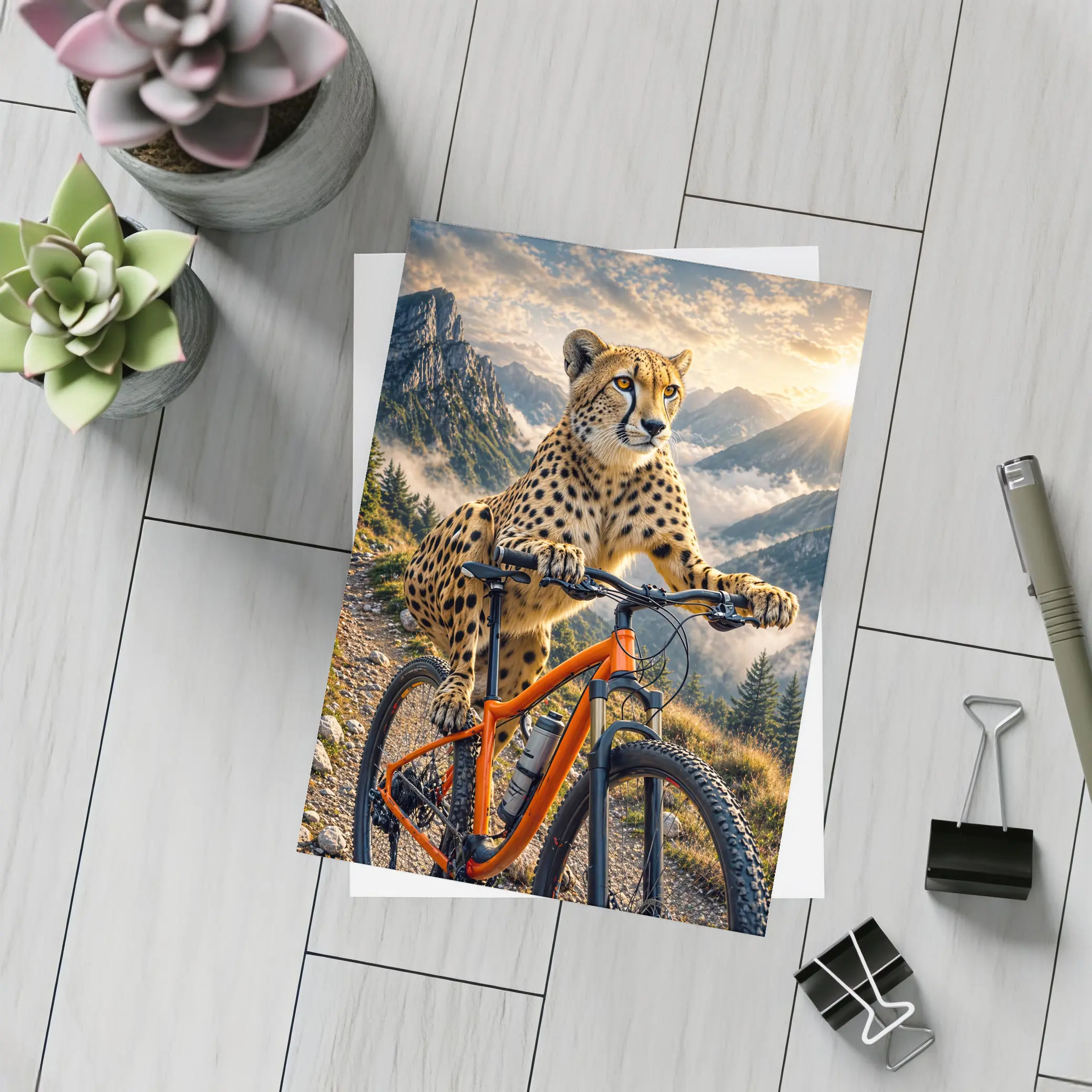 Cheetah Riding Mountain Bike Sunset Peaks – Postcards