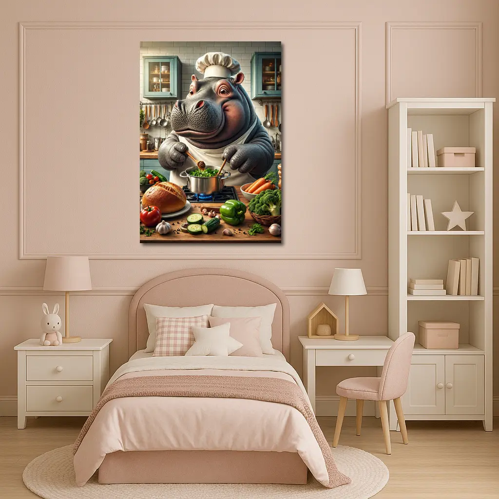 Hippo Chef Cooking Vegetables in Kitchen – Wall Art