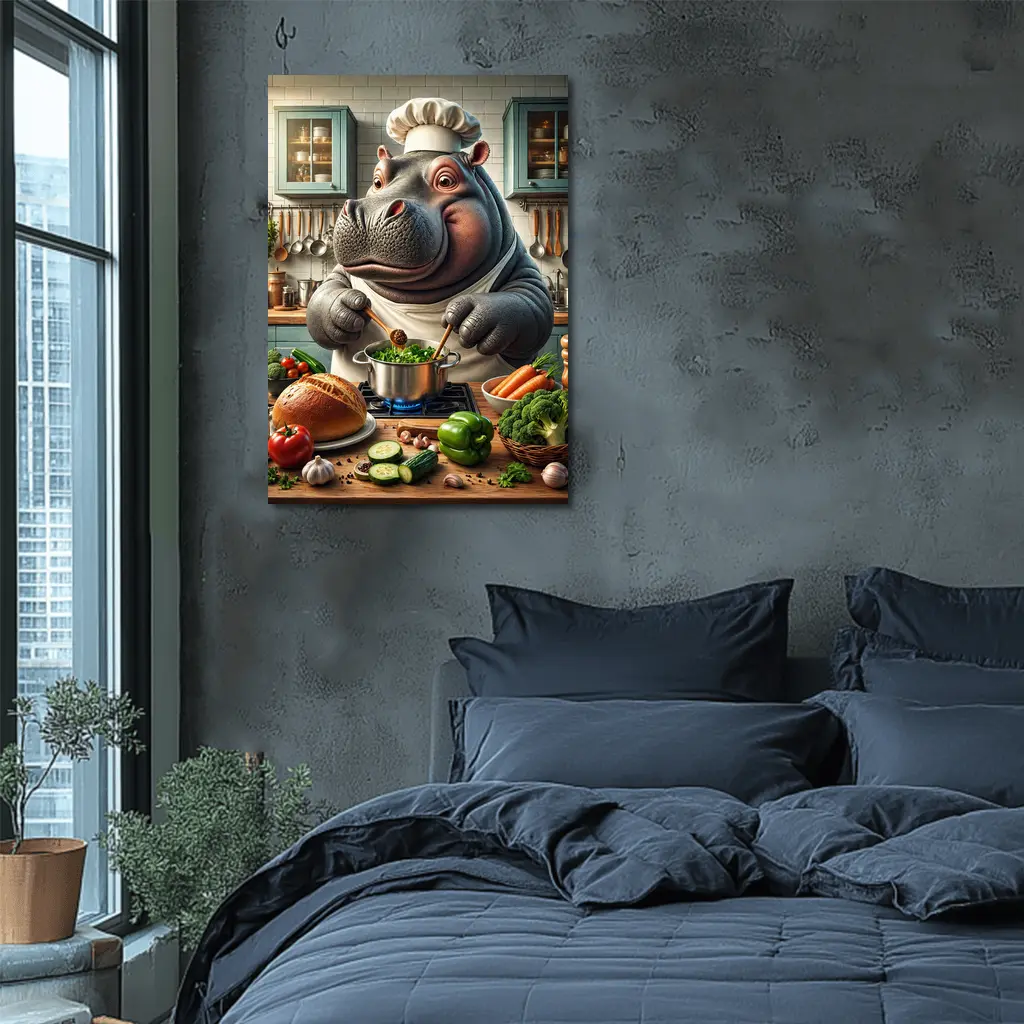 Hippo Chef Cooking Vegetables in Kitchen – Wall Art