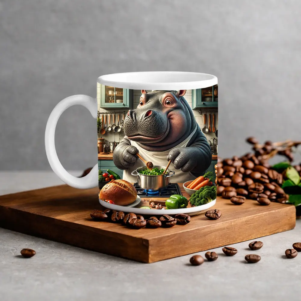 Hippo Chef Cooking Vegetables in Kitchen – Mugs