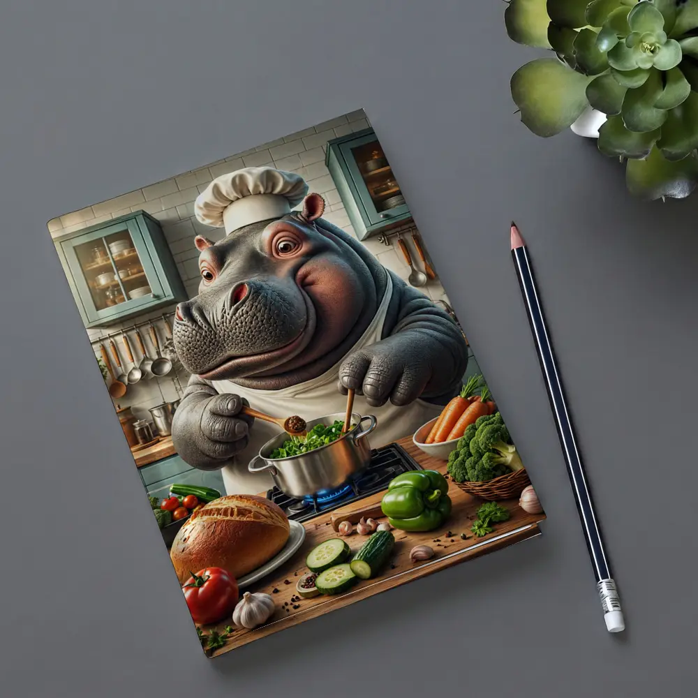 Hippo Chef Cooking Vegetables in Kitchen – Notebooks
