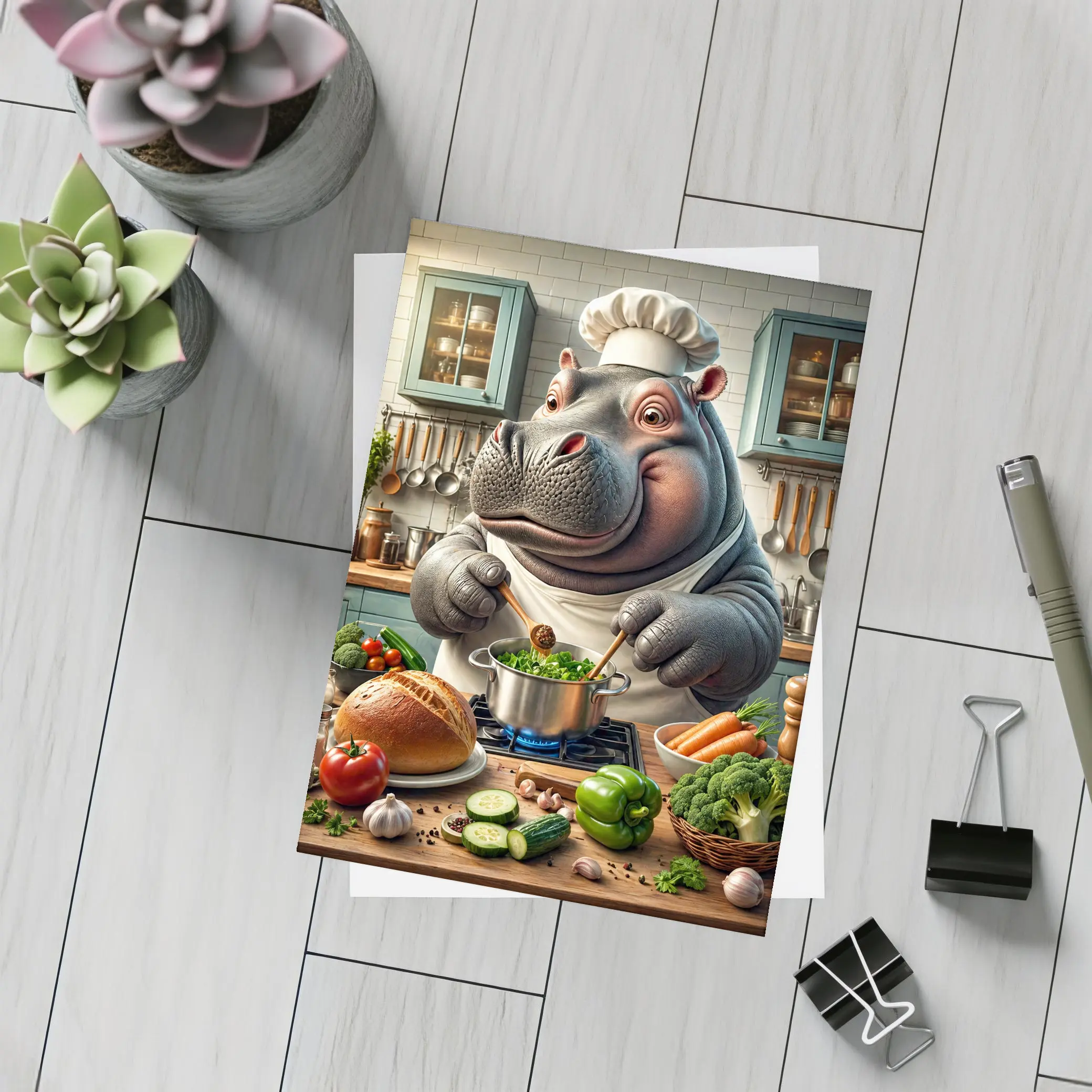 Hippo Chef Cooking Vegetables in Kitchen – Postcards