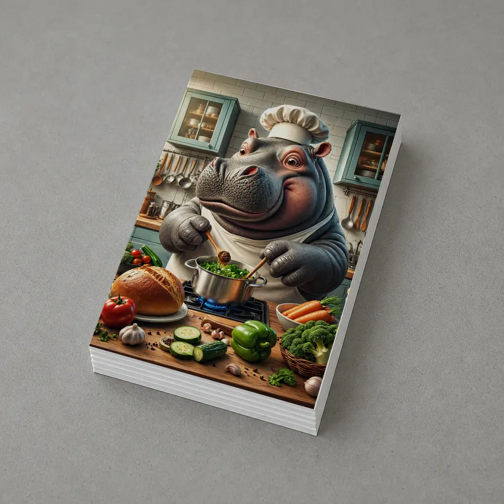 Hippo Chef Cooking Vegetables in Kitchen – Postcards