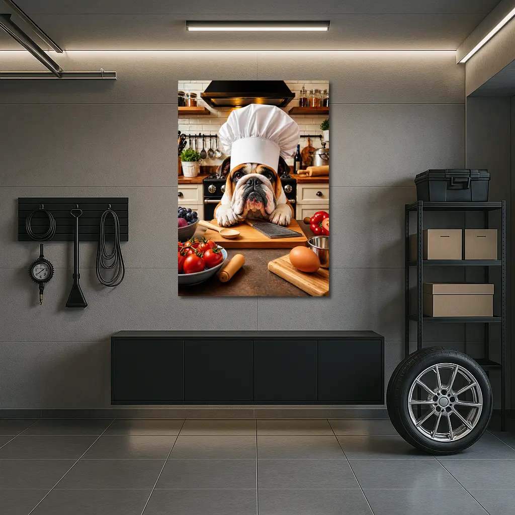 English Bulldog Chef Cooking in Kitchen – Wall Art