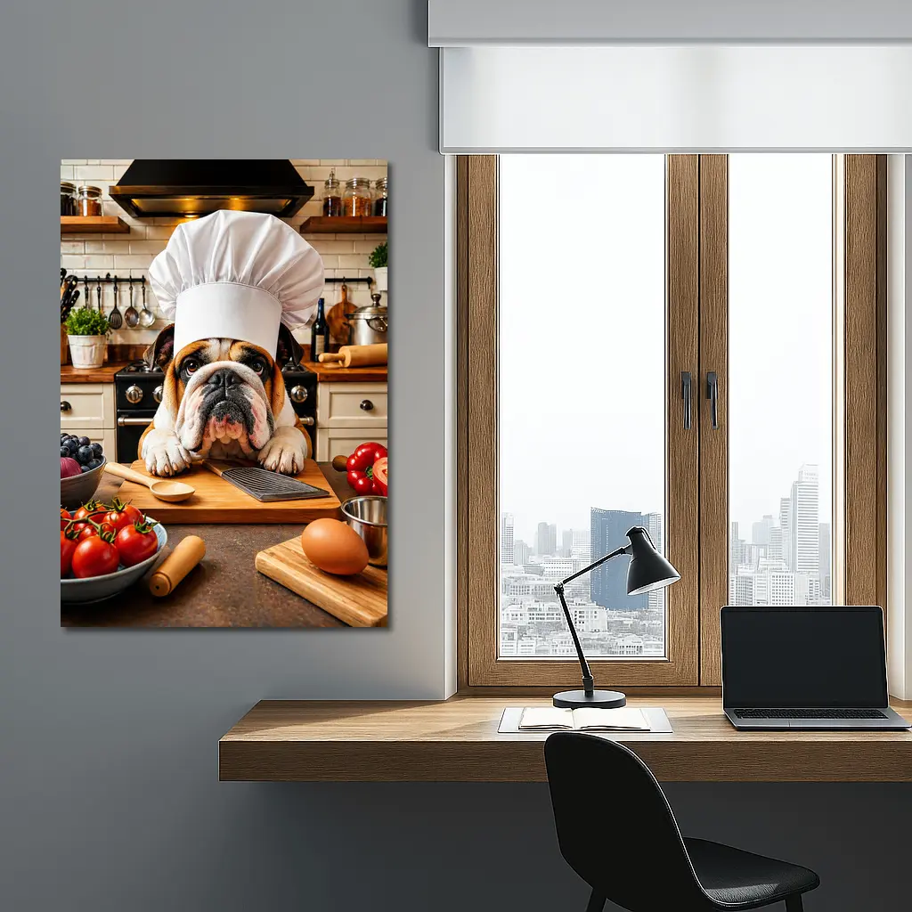 English Bulldog Chef Cooking in Kitchen – Wall Art