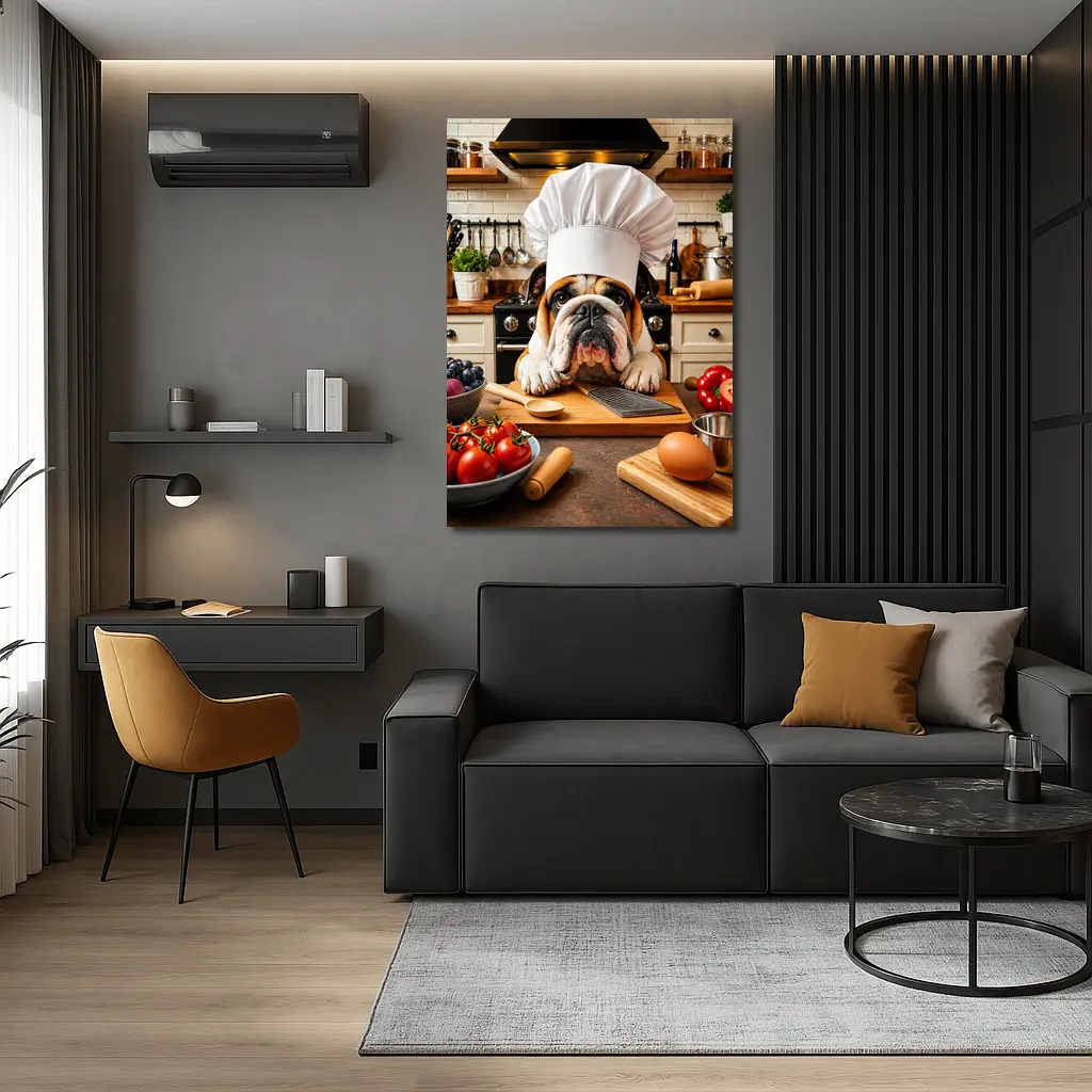 English Bulldog Chef Cooking in Kitchen – Wall Art