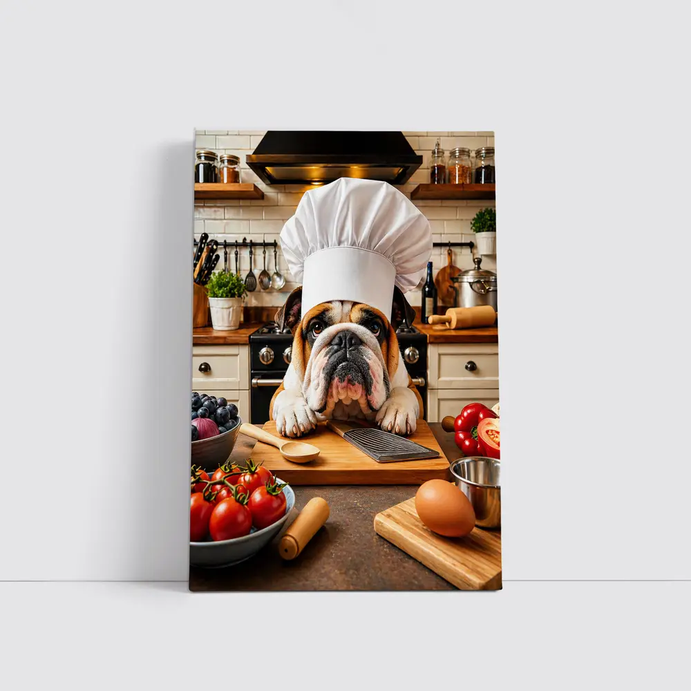 English Bulldog Chef Cooking in Kitchen – Wall Art