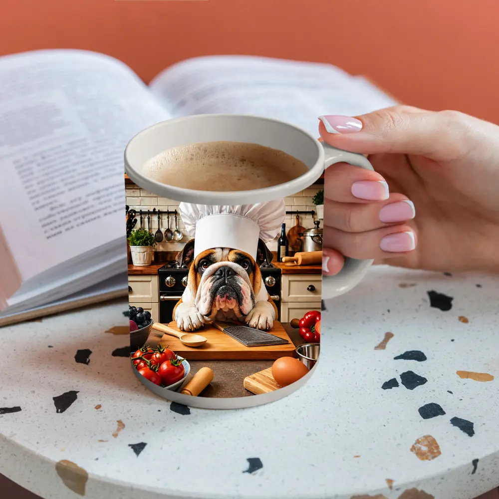 English Bulldog Chef Cooking in Kitchen – Mugs