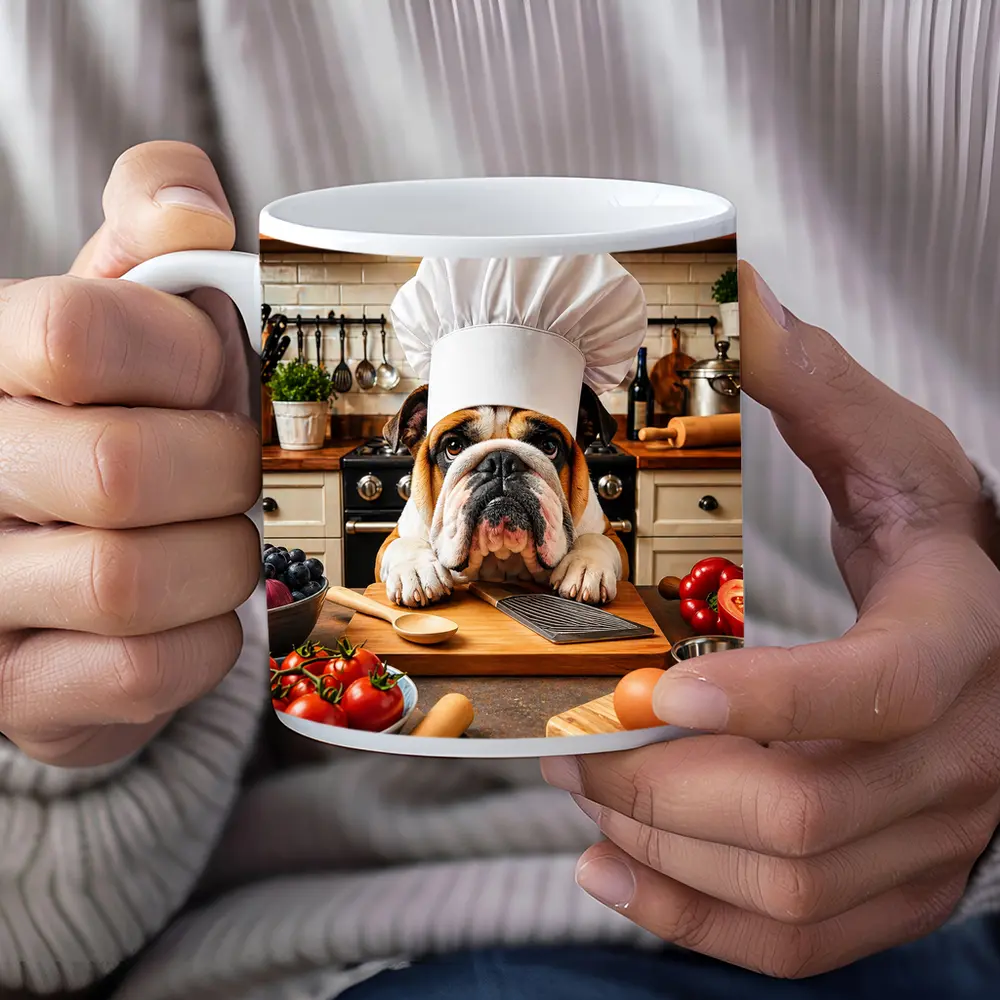 English Bulldog Chef Cooking in Kitchen – Mugs