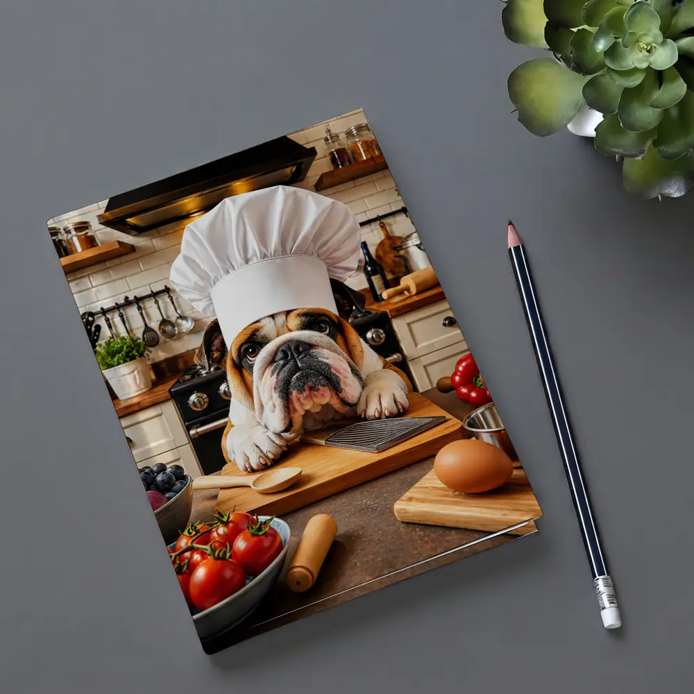 English Bulldog Chef Cooking in Kitchen – Notebooks