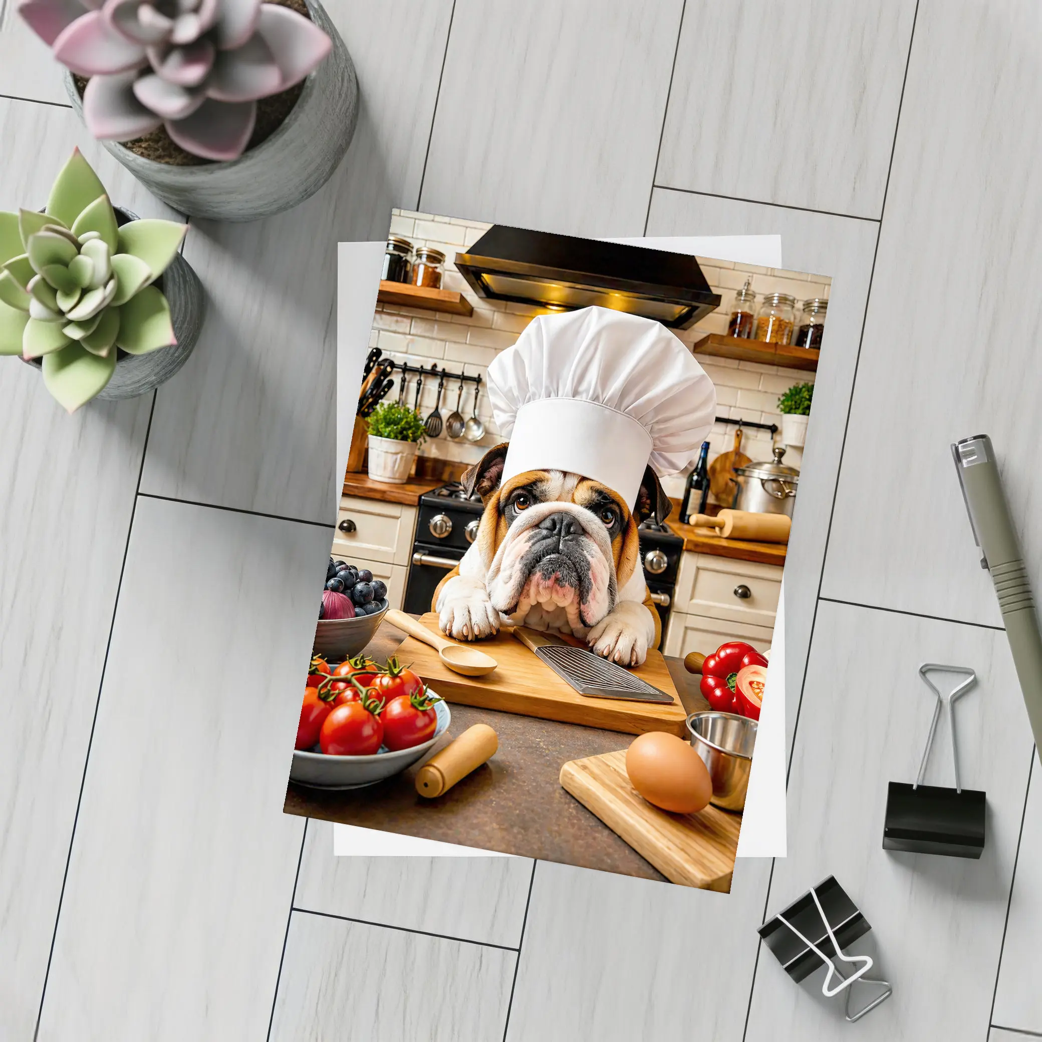 English Bulldog Chef Cooking in Kitchen – Postcards