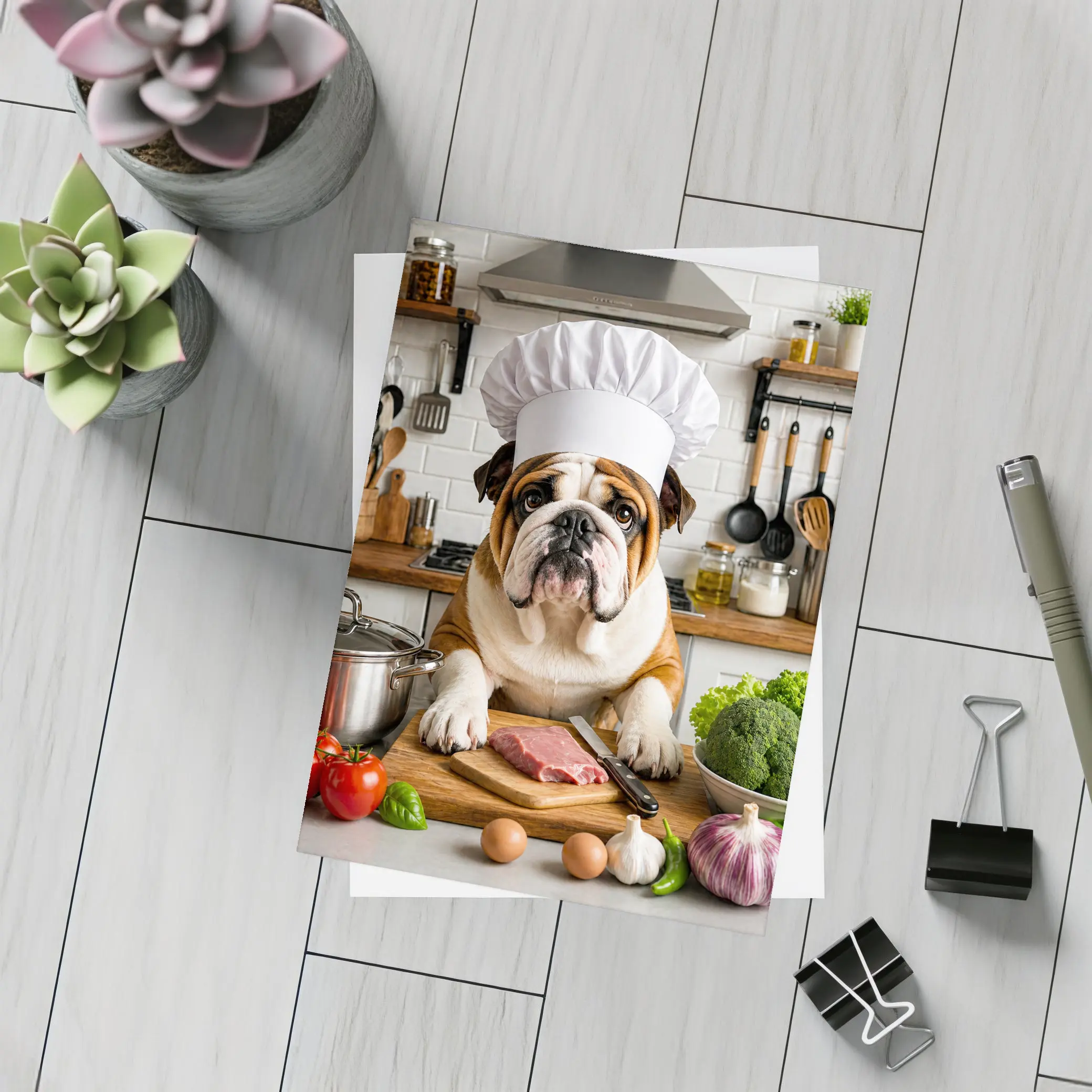 Bulldog Chef Cooking In Kitchen – Postcards