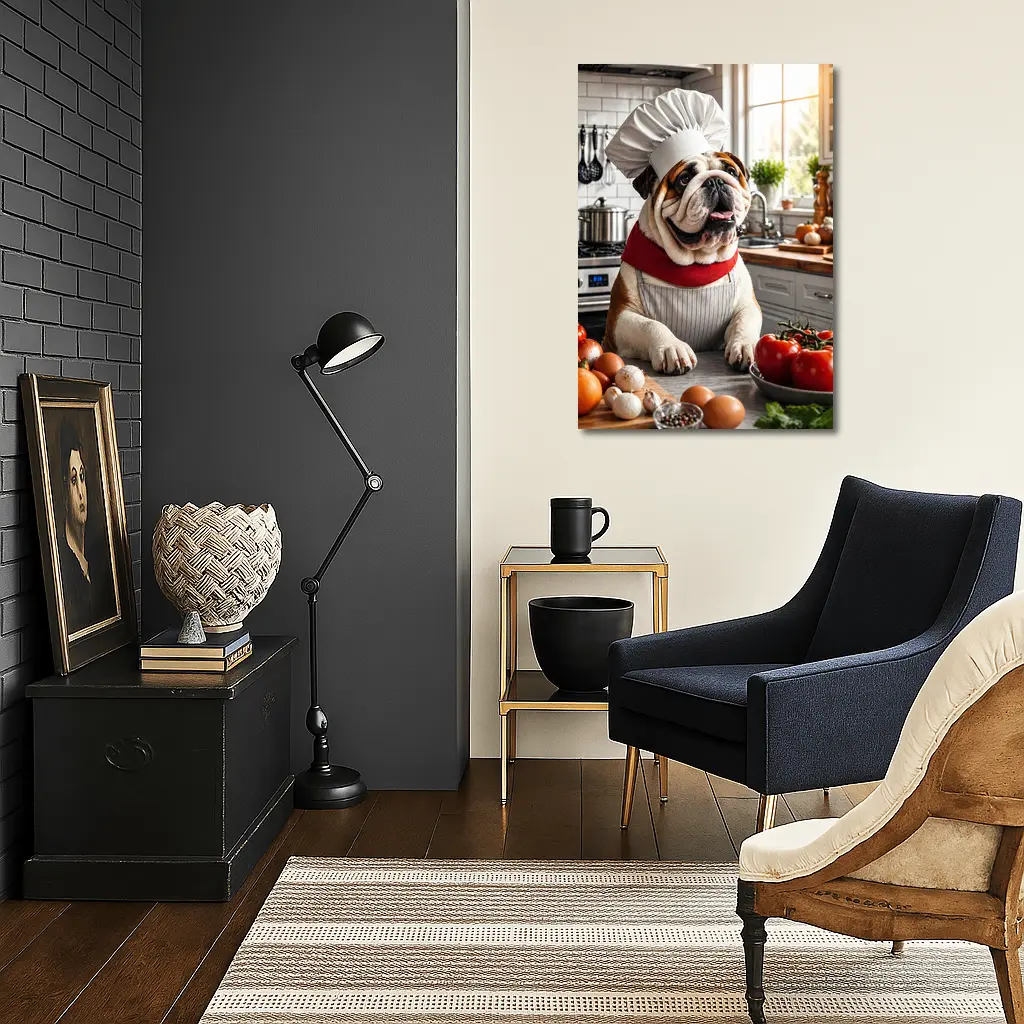 English Bulldog Chef Cooking in Kitchen – Wall Art