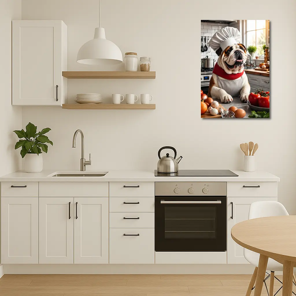 English Bulldog Chef Cooking in Kitchen – Wall Art