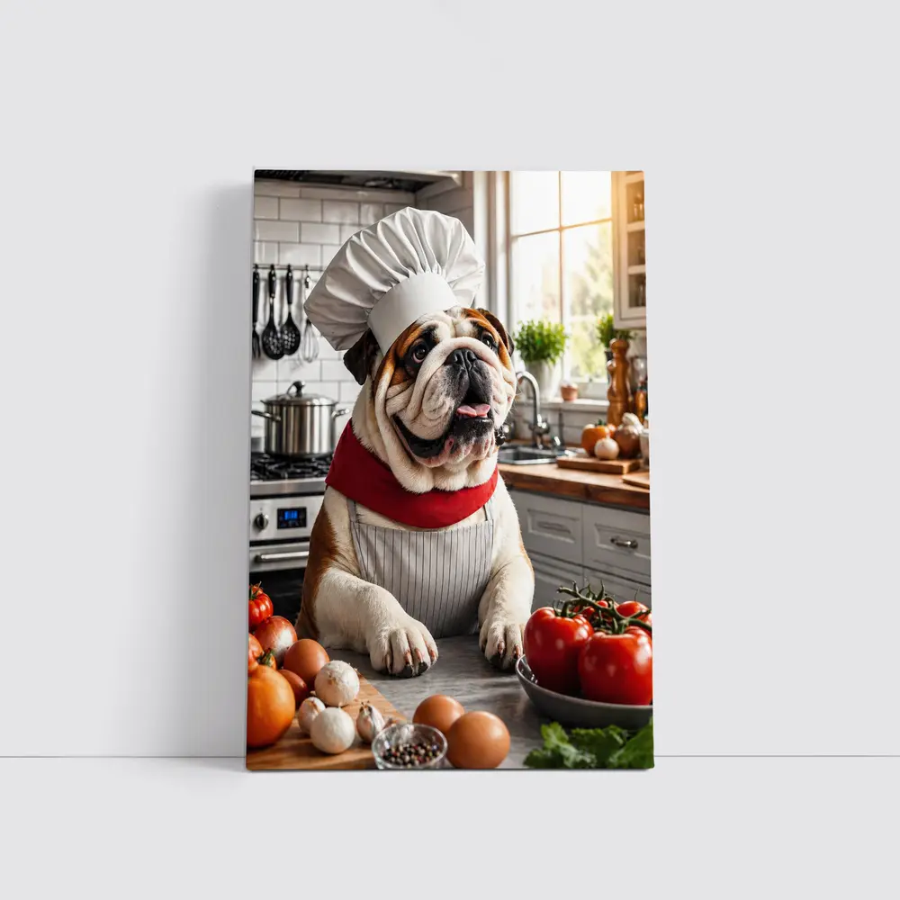 English Bulldog Chef Cooking in Kitchen – Wall Art