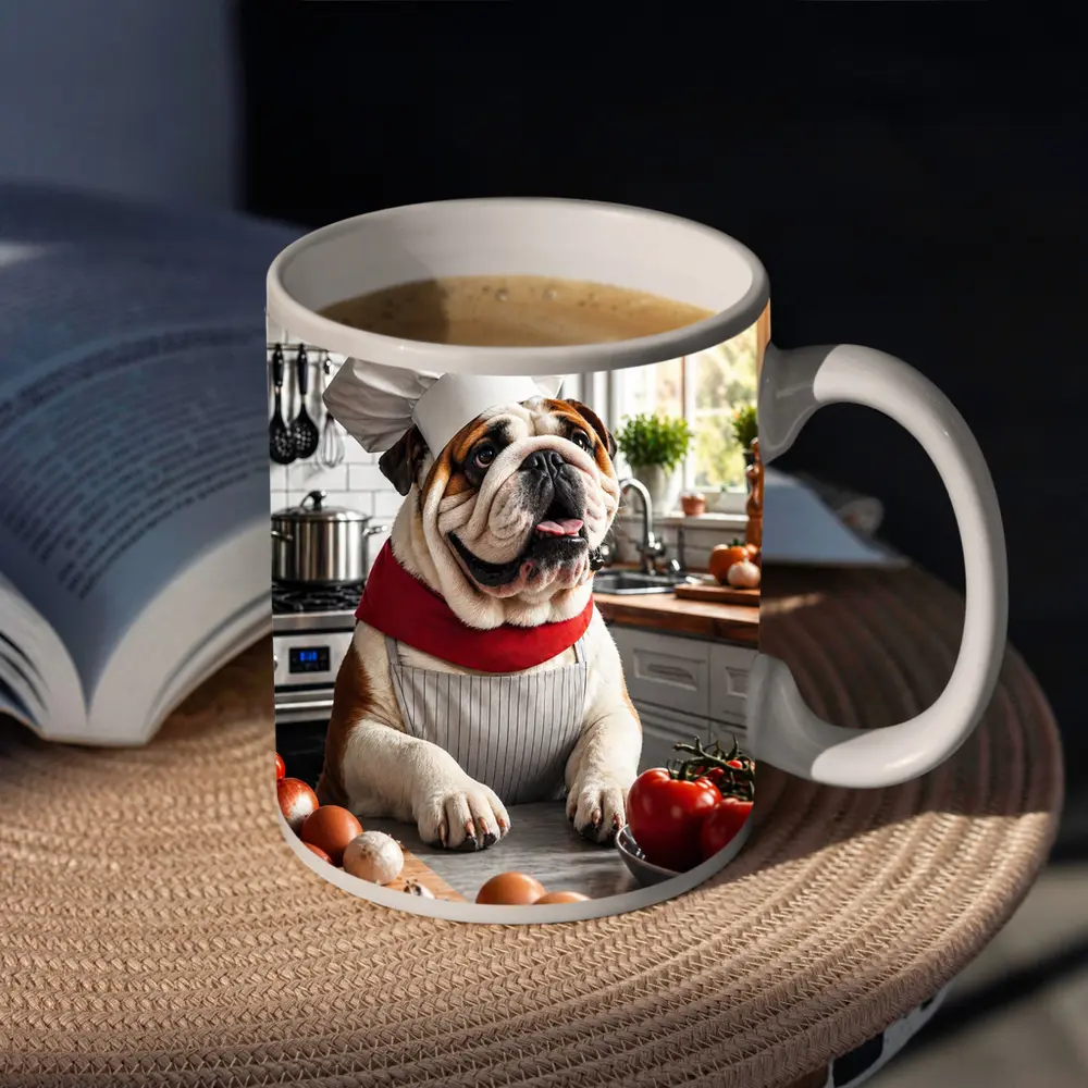 English Bulldog Chef Cooking in Kitchen – Mugs