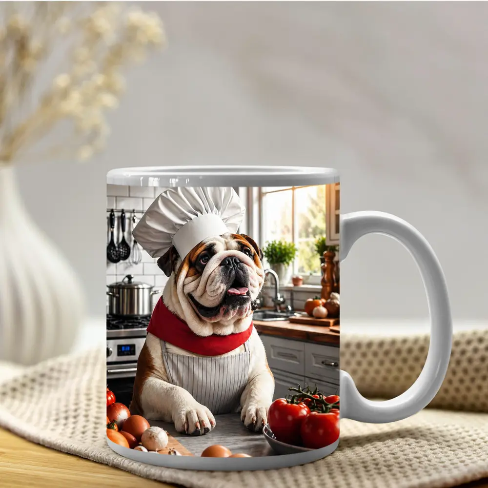 English Bulldog Chef Cooking in Kitchen – Mugs