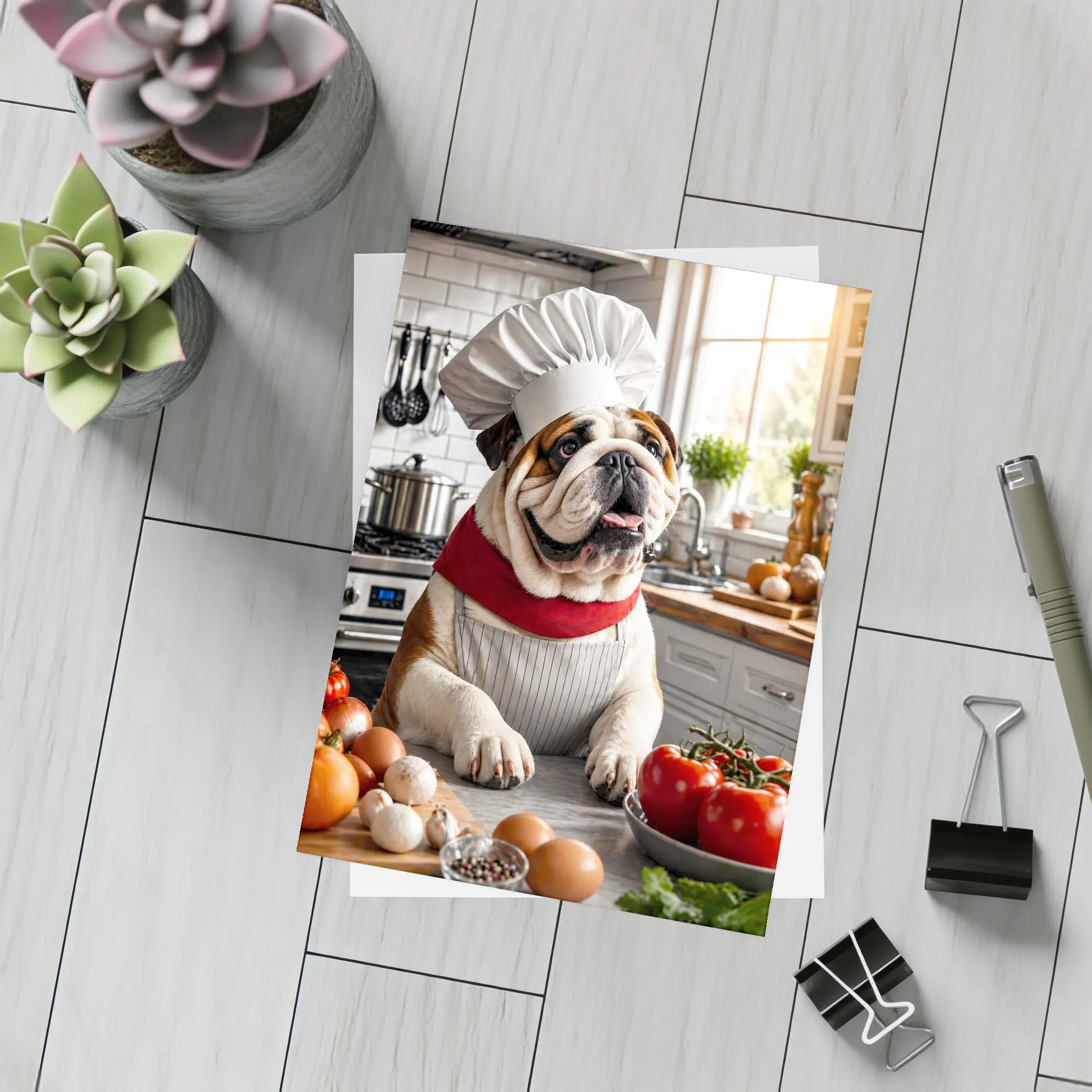 English Bulldog Chef Cooking in Kitchen – Postcards