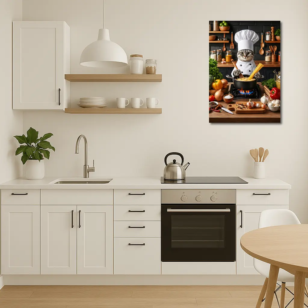 Chef Cat Cooking Pasta Kitchen Scene – Wall Art