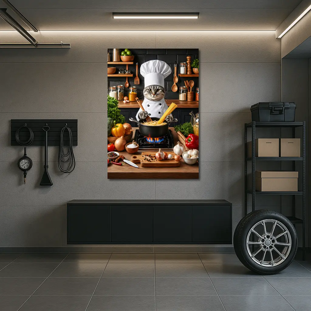 Chef Cat Cooking Pasta Kitchen Scene – Wall Art