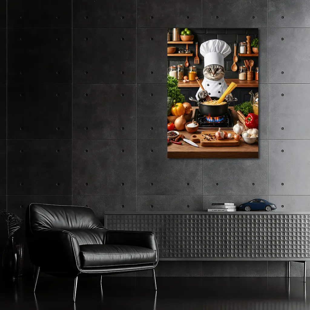 Chef Cat Cooking Pasta Kitchen Scene – Wall Art