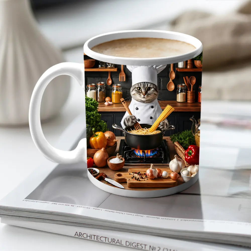 Chef Cat Cooking Pasta Kitchen Scene – Mugs
