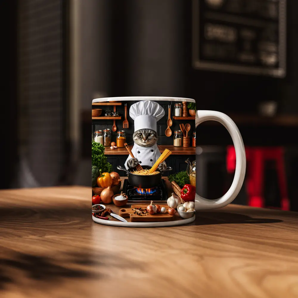 Chef Cat Cooking Pasta Kitchen Scene – Mugs