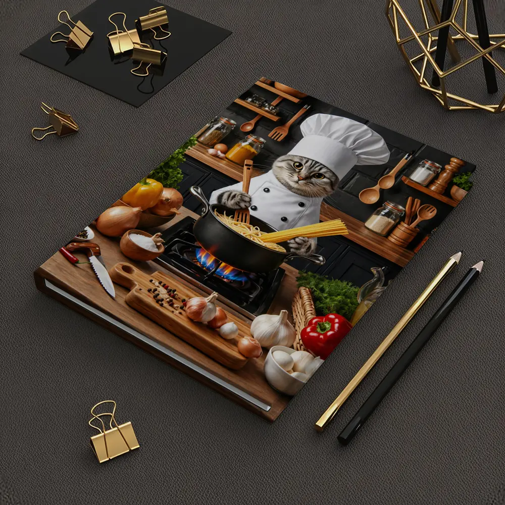 Chef Cat Cooking Pasta Kitchen Scene – Notebooks