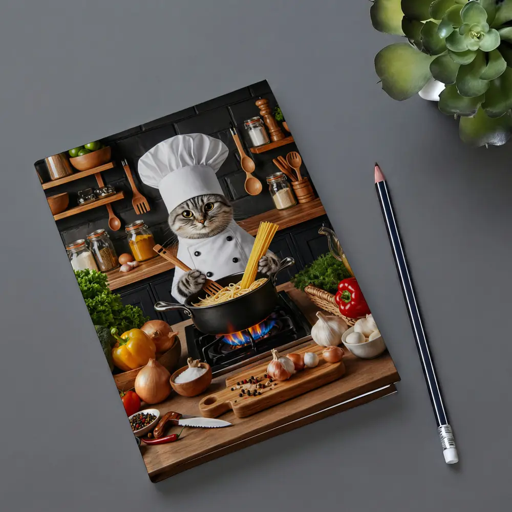 Chef Cat Cooking Pasta Kitchen Scene – Notebooks