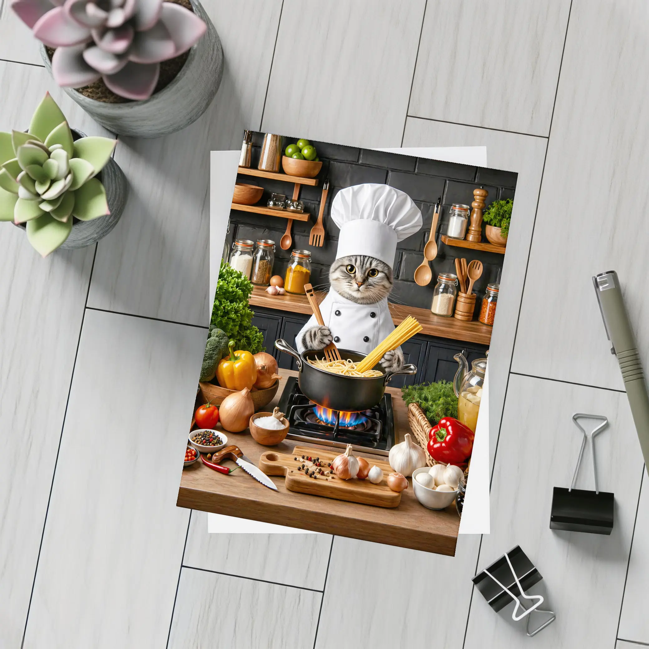 Chef Cat Cooking Pasta Kitchen Scene – Postcards