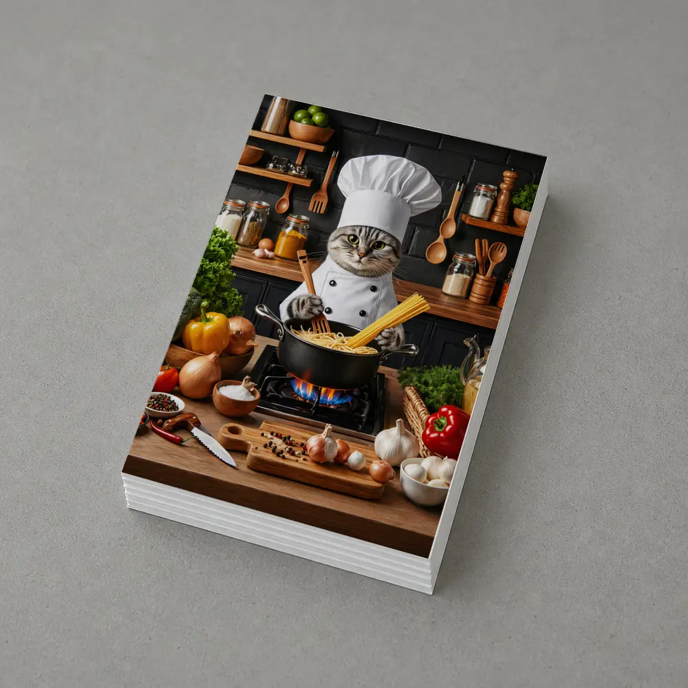 Chef Cat Cooking Pasta Kitchen Scene – Postcards