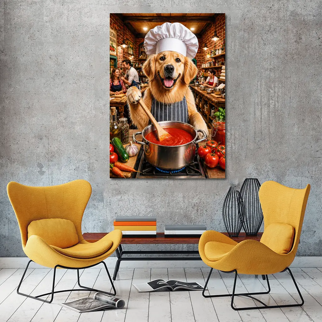 Golden Retriever Chef Cooking Italian Kitchen – Wall Art