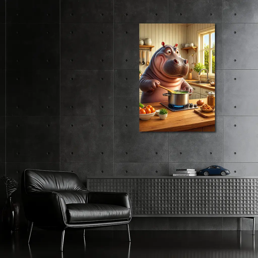 Cartoon Hippo Cooking Soup in Kitchen – Wall Art