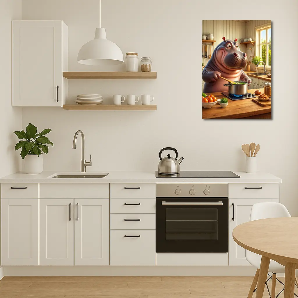 Cartoon Hippo Cooking Soup in Kitchen – Wall Art
