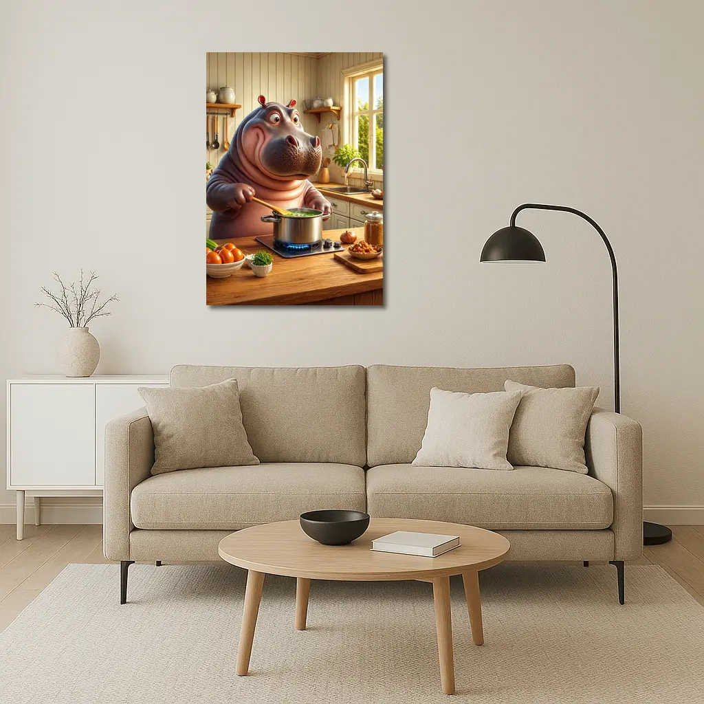 Cartoon Hippo Cooking Soup in Kitchen – Wall Art