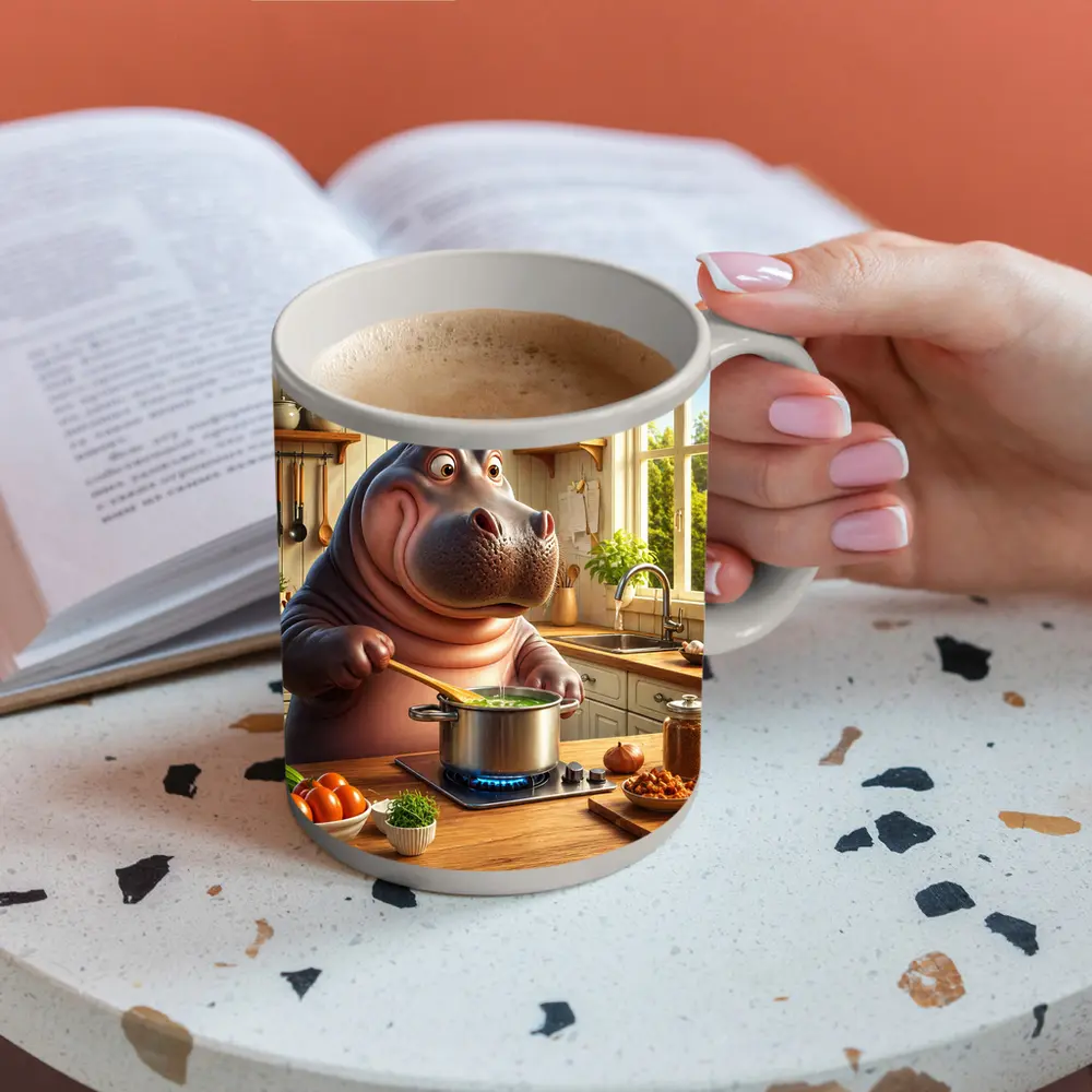 Cartoon Hippo Cooking Soup in Kitchen – Mugs