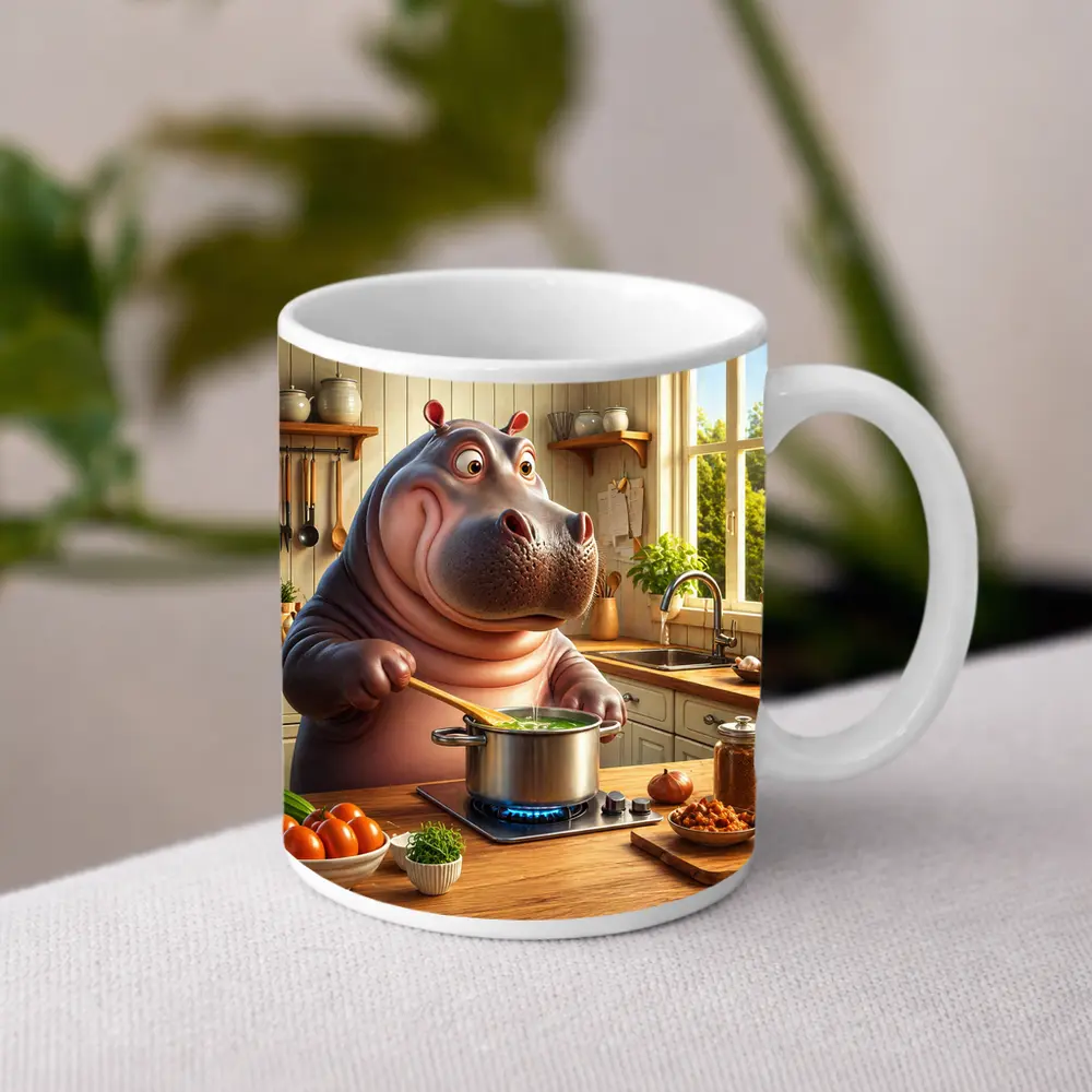 Cartoon Hippo Cooking Soup in Kitchen – Mugs